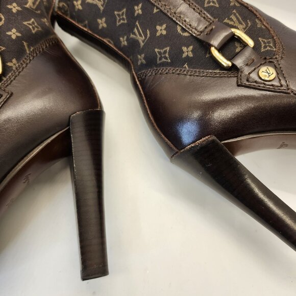 LOUIS VUITTON Brown Leather Mini Lin Jodie Monogram Ankle Boots, Size 35.5 5.5 - Picture 12 of 16